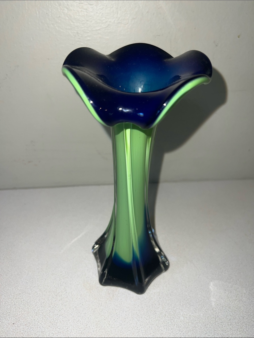 Murano Blue and Green Ruffled Glass Bud Vase
